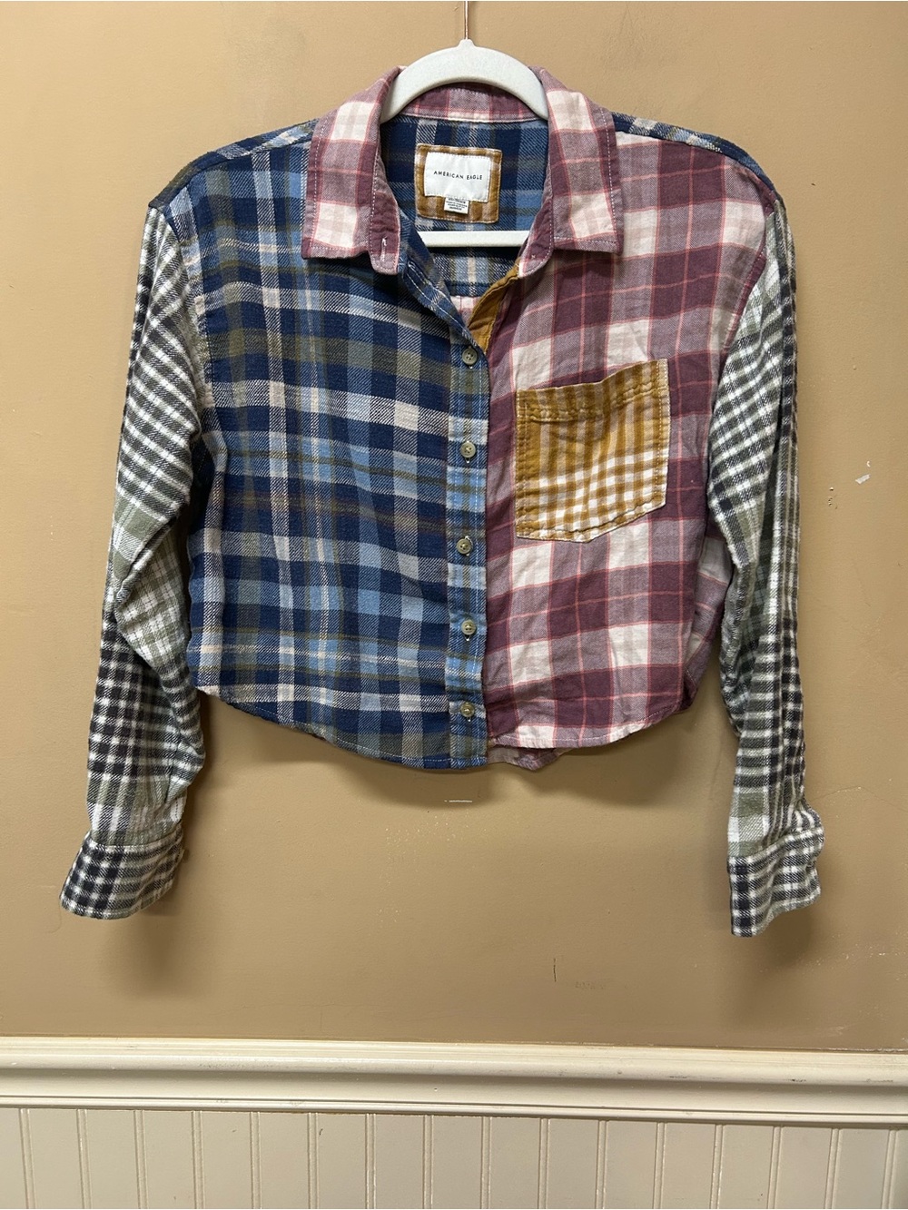 American Eagle Patchwork Crop Flannel Shirt Size XS